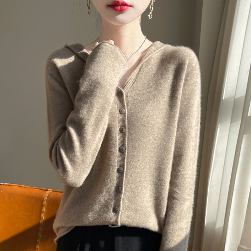 Cross-Border Loose-Fitting Base Shirt Women's Knitted Cardigan Sweater Coat Solid Color Hooded Sweatshirt Foreign Trade Tops Wholesale
