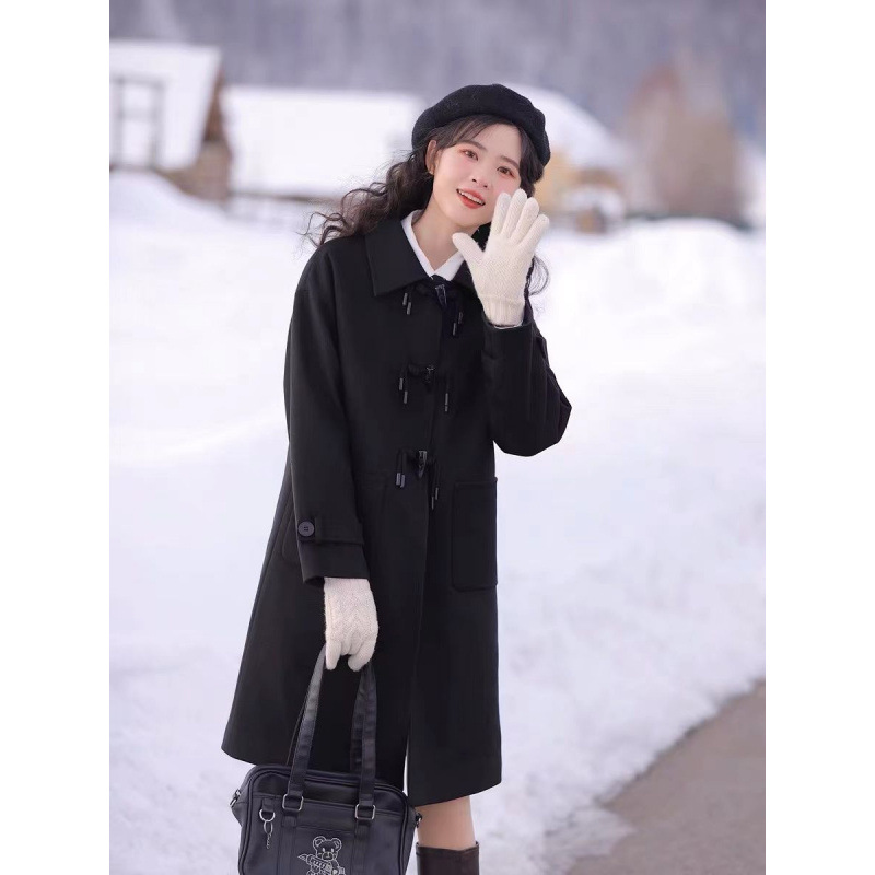 Black Wool 2024 New Wool Coat Small Black Duffle Wool Coat Women's Winter Coat