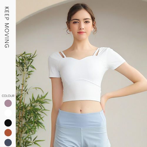 New spring and summer yoga clothes for women, tight-fitting sports tops with chest pads, short-sleeved running slim backless T-shirt fitness clothes