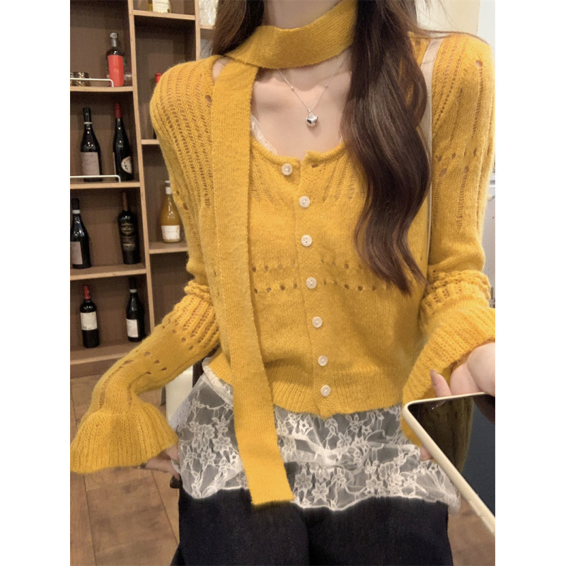 Super Nice Hollow Ribbon Long-Sleeved Knitted Cardigan Thin Top