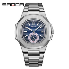 SANDA three-Da new steel band luminous day calendar quartz watch 7020 stylish stainless steel waterproof men's watch