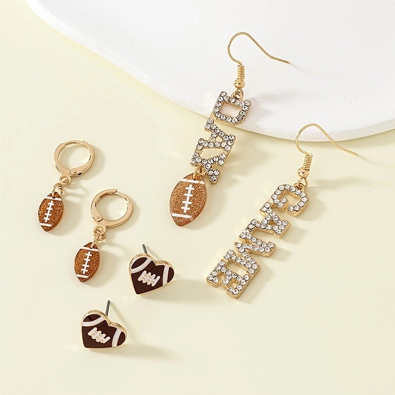 歐美創意金屬鑲鋯石字母吊墜耳釘女愛心橄欖球世界盃耳飾套裝批發