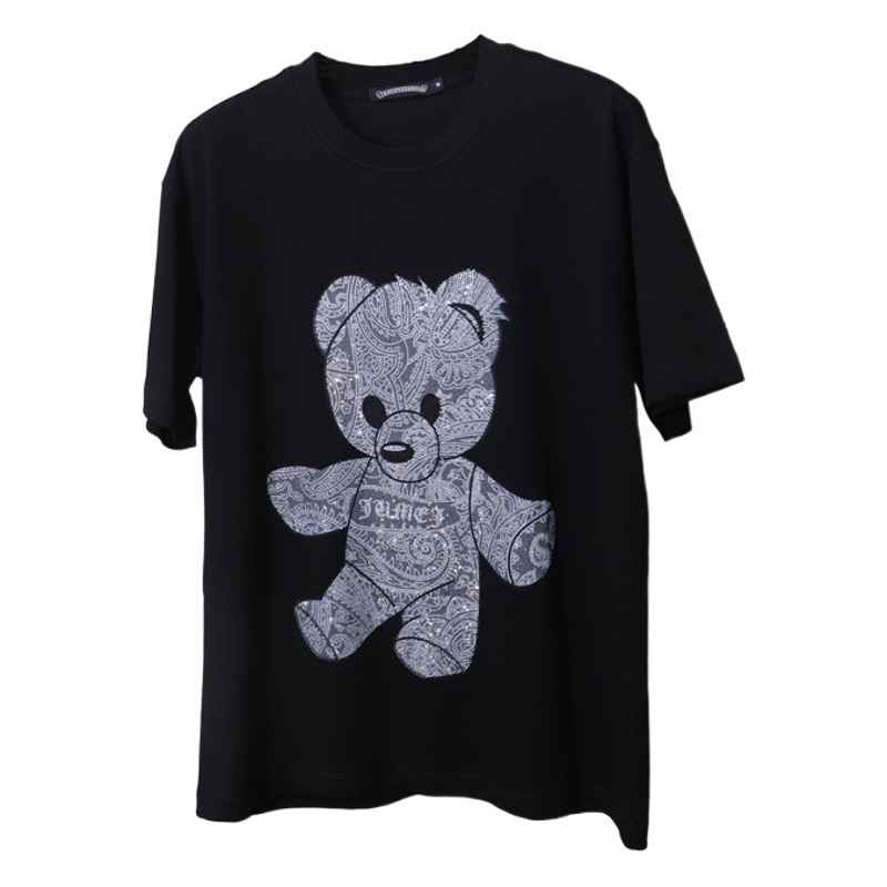 Estación de Guangzhou Xigao mercancías de la industria pesada impresión caliente gris diamante oso algodón media manga suelta manga corta Camiseta más tamaño gordo hombre gordo
