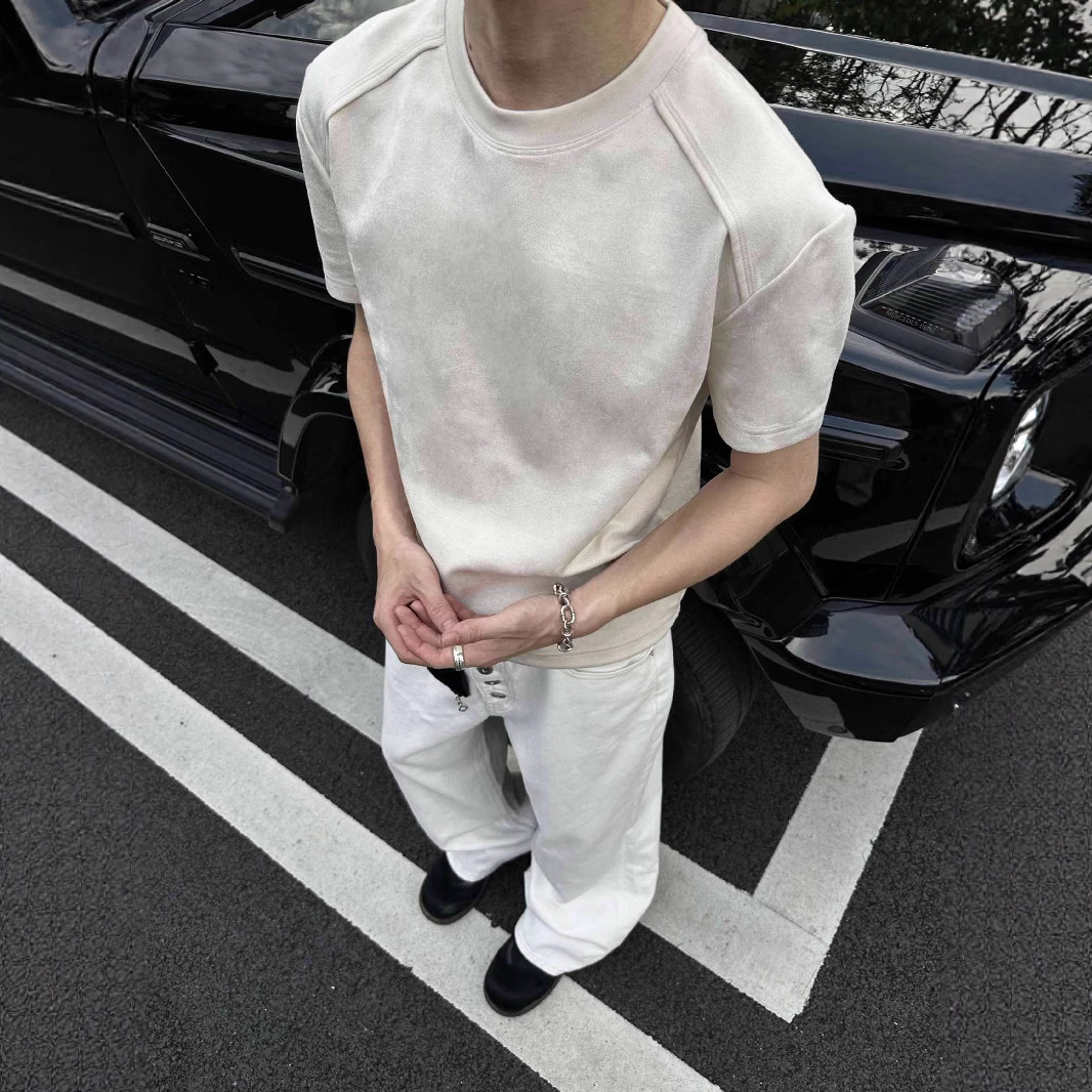 Vêtements pour hommes EME Style Old Money Solona Cool Couleur unie Coupe régulière aux épaules Manches déconstruites T-shirt court Boxy_voghion.com