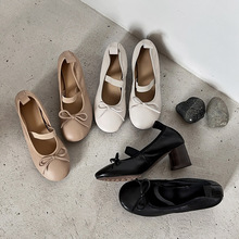 超软更舒适的高跟鞋全羊皮玛丽珍2025秋粗跟圆头蝴蝶结真皮单鞋女