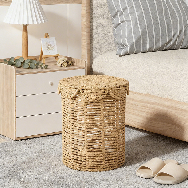 Customized Paper Woven Storage Basket with Lid for Home Use in Living Room and Bedroom, Rattan Woven Storage Bin, Cross-Border Paper Rope Woven Trash Can Customized Paper Woven Storage Basket with Lid for Home Use in Living Room and Bedroom, Rattan Woven Storage Bin, Cross-Border Paper Rope Woven Trash Can