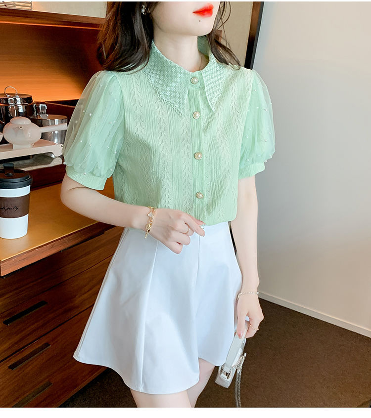 Camicetta da donna in pizzo con maniche a palloncino in rete con perline, cardigan estivo a maniche corte, top trasparente casual, abbigliamento da strada alla moda_voghion.com