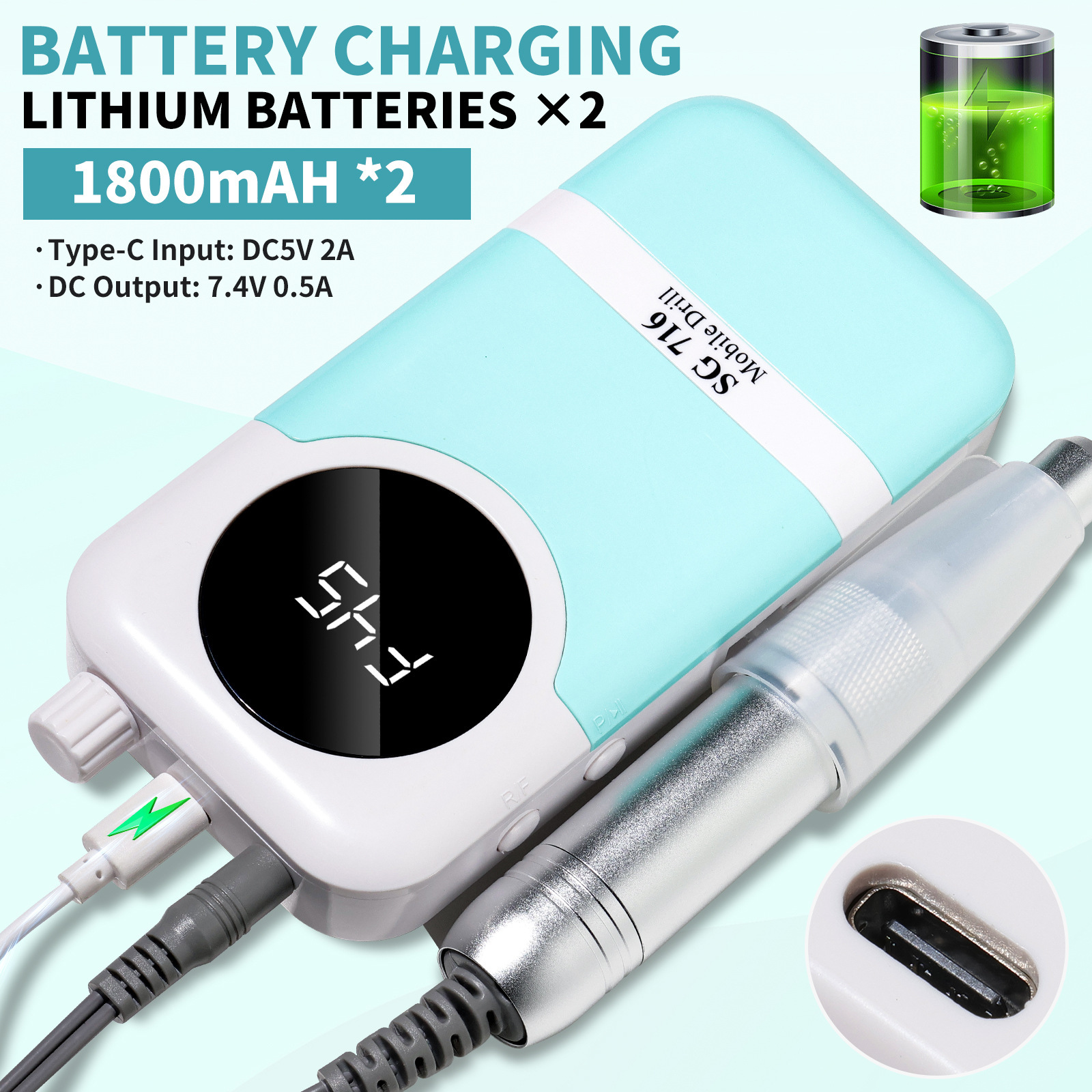 Lijadora de uñas recargable para tienda de uñas, lijadora de uñas y exfoliante, amoladora de uñas de almacenamiento eléctrico portátil