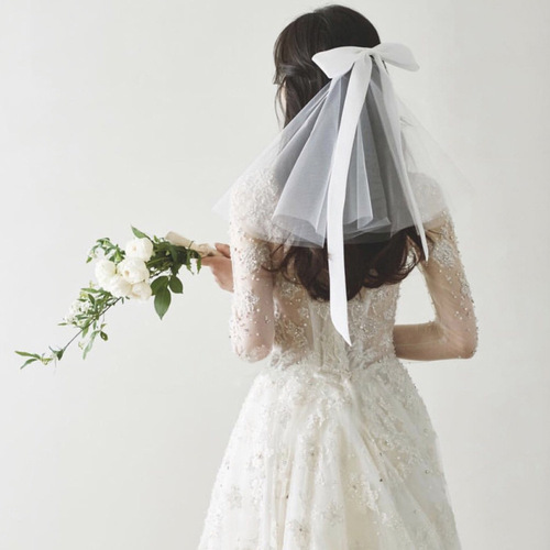 V664 French ribbon bow bridal veil forest white short style wedding certificate photo internet celebrity headwear