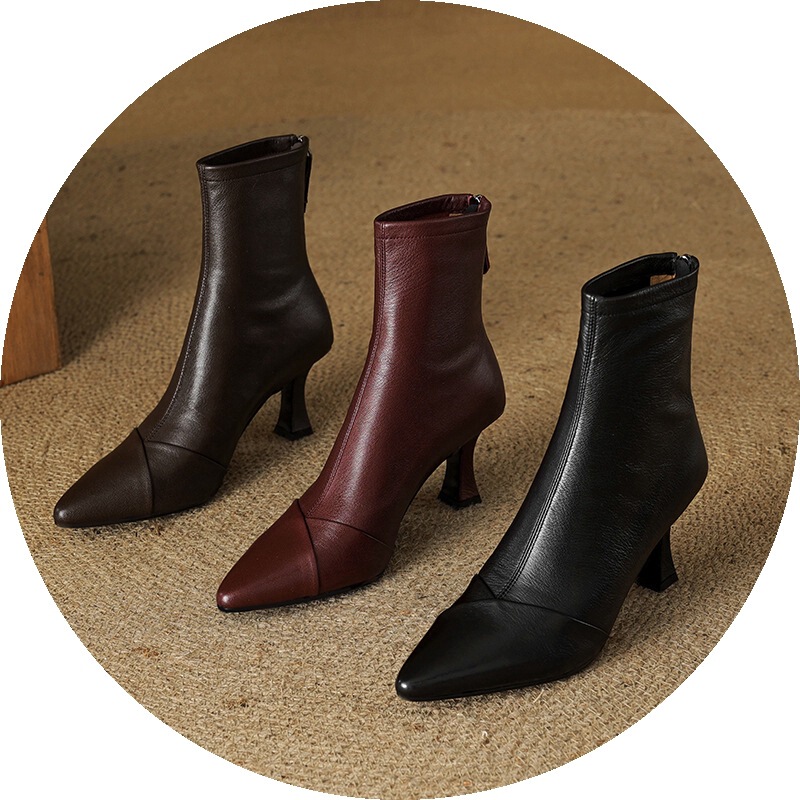 Korean Style Elegant First-Layer Sheepskin High-Heeled Slim Boots 2026 New Model Soft Leather Pointed Toe Stiletto Short Boots for Women with Added Plush Lining