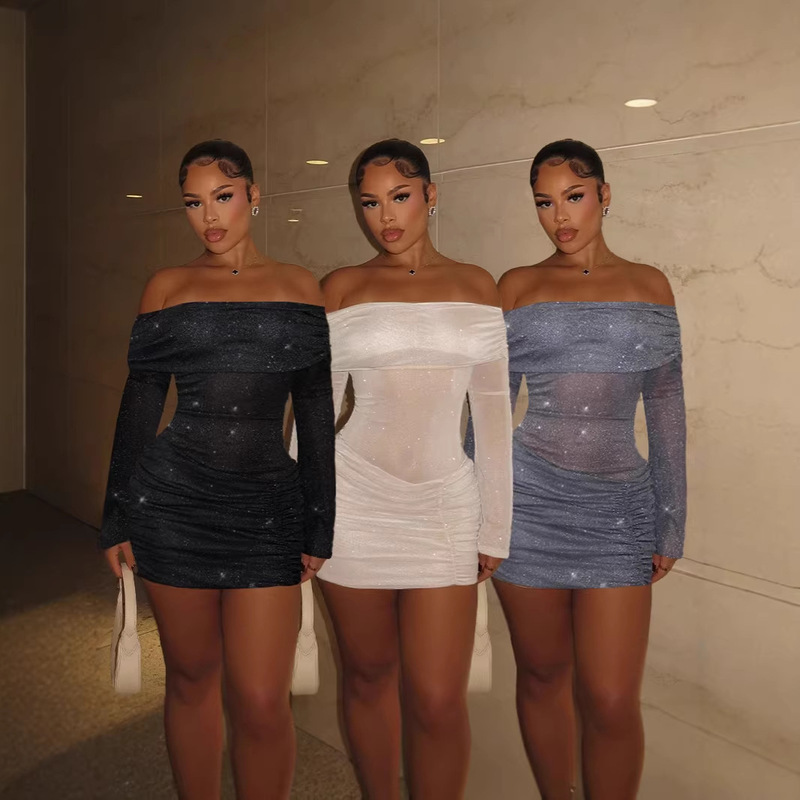 L5513 European and American Fashion Spring and Summer Sexy Sexy Elegant One-Shoulder Off-Shoulder Semi-Transparent Glitter Tight Dress