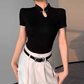 夏季黑色短袖t恤女新中式时尚短款修身显瘦国风旗袍设计上衣跨境