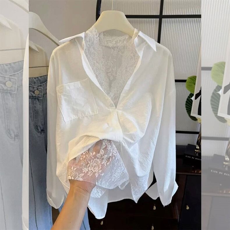 "Unlock the New Trend of Layering" High-End Versatile White Lace Splicing Shirt Elegant Niche Tops for Women "Unlock the New Trend of Layering" High-End Versatile White Lace Splicing Shirt Elegant Niche Tops for Women