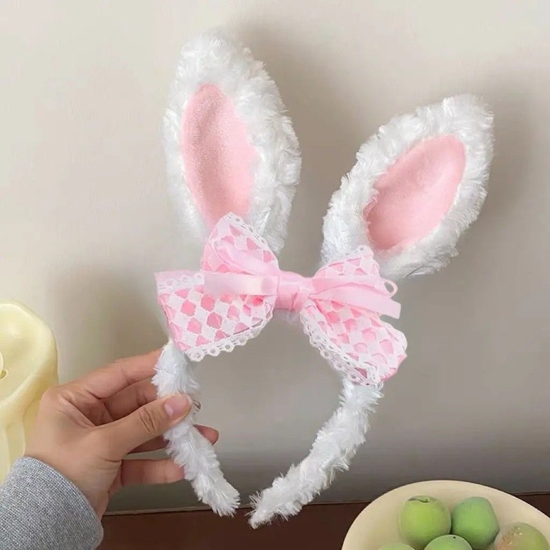 かわいいリボンウサギの耳ぬいぐるみヘッドバンドレース洗顔ヘッドバンド子供用ヘアピン 2025 新しい帽子|undefined