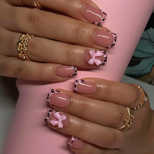 Short bright face Europe and the United States cross-border foreign trade pink leopard contrast color bow wearing armor false nails removable 24 pieces