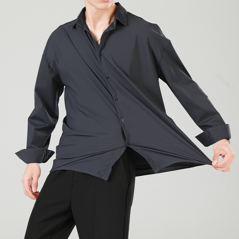 Camisa casual de manga larga para hombre ins camisa suelta de alto grado para hombre Ruan guapo drapeado color sólido más tamaño-pulgadas camisa para hombre