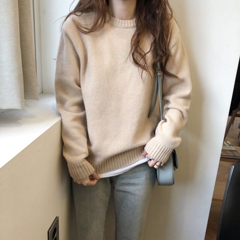 Korean style autumn and winter New round neck sweater women's loose retro lazy style solid color pullover soft glutinous all-match sweater women Korean style autumn and winter New round neck sweater women's loose retro lazy style solid color pullover soft glutinous all-match sweater women