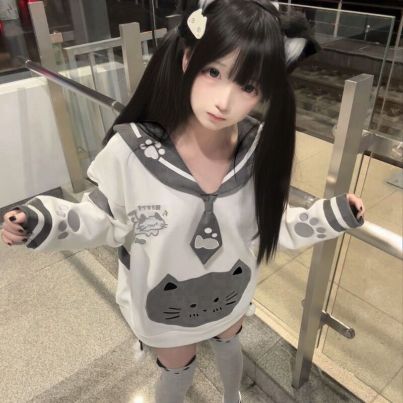 fleece-lined Japanese Cute Soft Girl Sesame Paste Mi Navy Collar Sweat Long Sleeve Tie Secondary Soft Moe House Top