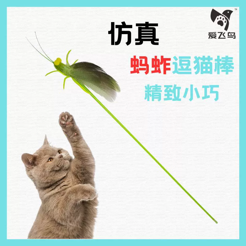爱飞鸟仿真蚂蚱逗猫棒天然羽毛硅胶材质精致小巧逼真自嗨猫玩具