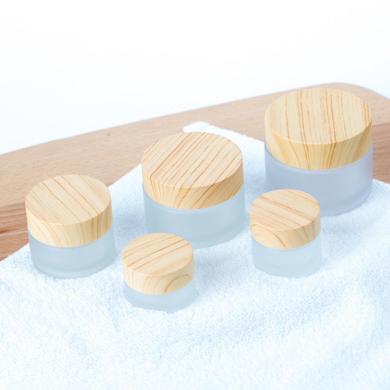 Cubierta de grano de madera caja de crema de vidrio botella de crema esmerilado crema de ojos botella vacía botella de vidrio cosméticos de viaje sub-botella muestra
