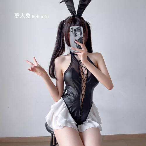 Hot Rabbit New Patent Leather Open-Stitch One-piece Bunny Girl Pure Desire Sexy COS Uniform Suit Cosplay 8374