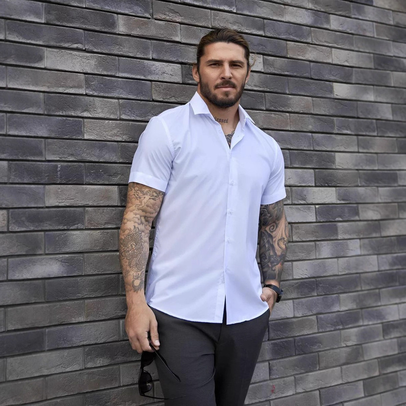 Men's Shirt Solid Color Short-Sleeved Summer Cross-Border Plus Size Loose Tough Guy Thin Shirt Рубашка