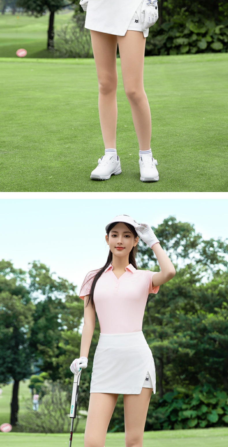Bộ váy ngắn golf nữ tay ngắn cổ chữ V — QZ114-Váy ngắn màu hồng [Váy hơi xẻ/dệt kim đàn hồi cao/dài chân], QZ114-Váy ngắn màu đen [Váy hơi xẻ/dệt kim đàn hồi cao/dài chân] QZ114, YF781-Áo đen [Hàn Quốc cổ chữ V/đàn hồi cao và mềm mại/mỏng và thoáng khí], QZ114-Váy trắng [Váy hơi xẻ/dệt kim đàn hồi cao/dài chân] chi tiết 9