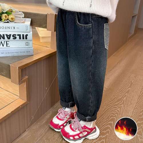 Children's Autumn/Winter Fleece Soft Denim Baby Outerwear One-piece Fleece Thick Girls' Winter Pants Warm High-waisted