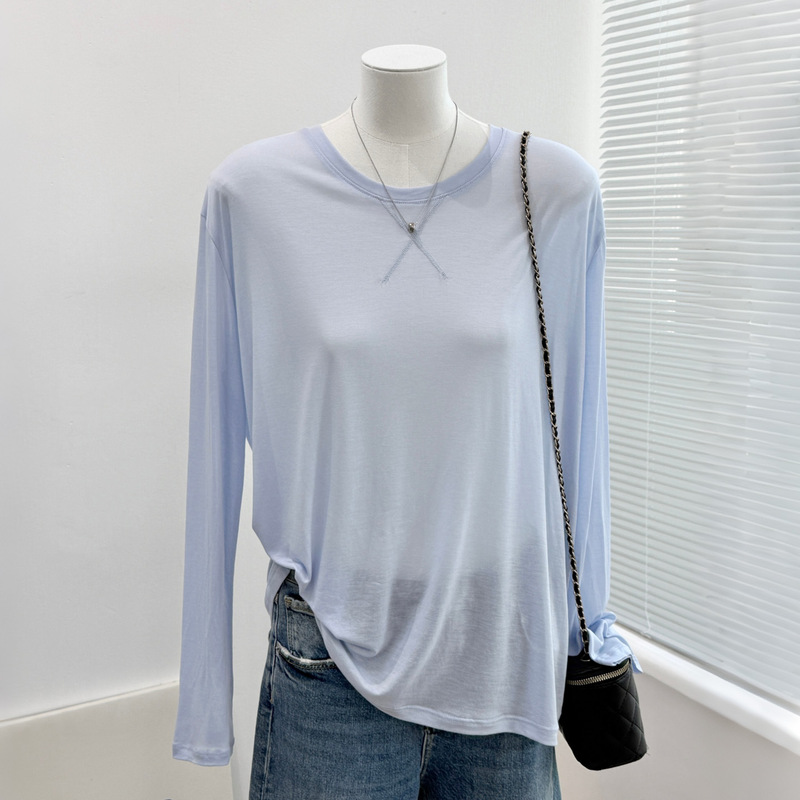 Lyocell Long-Sleeved T-Shirt for Women, Summer Thin Ice Silk Round-Neck Base Shirt, Loose Air-Conditioning Sun Protection Cover-Up Knitwear Lyocell Long-Sleeved T-Shirt for Women, Summer Thin Ice Silk Round-Neck Base Shirt, Loose Air-Conditioning Sun Protection Cover-Up Knitwear