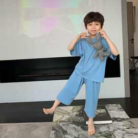 新款外穿夏季男童睡衣纯色套装中大童休闲男宝宝家居服两件套潮流