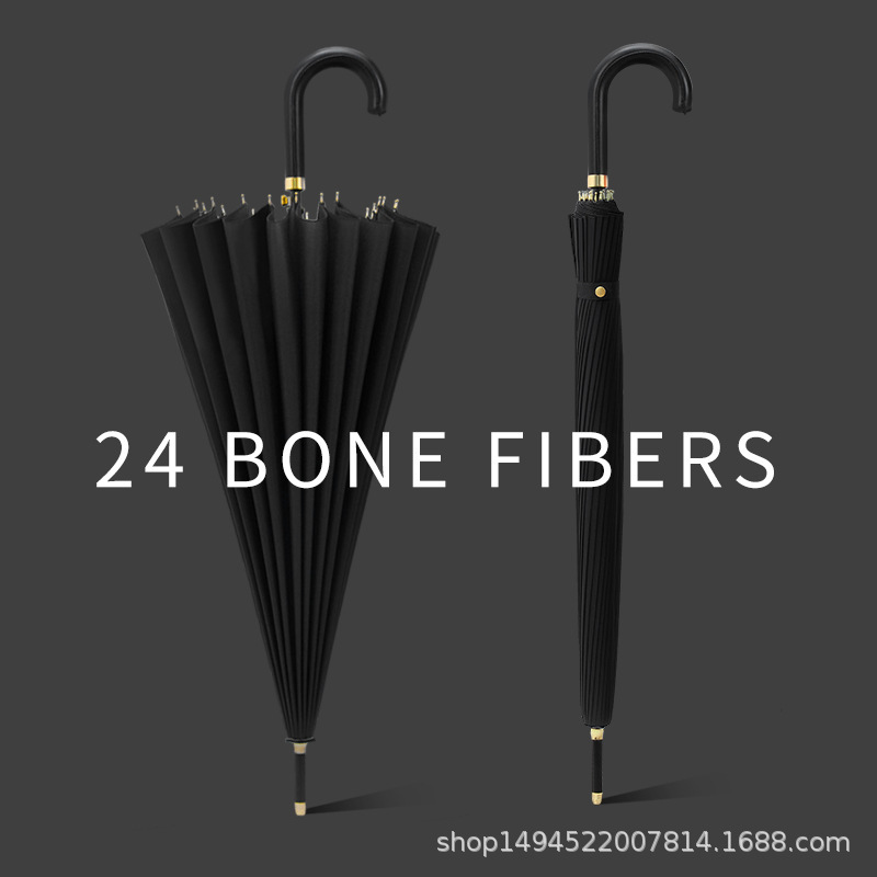 24-bone umbrella golf long rod curved handle pure black large large wind-resistant double rain Business color big umbrella