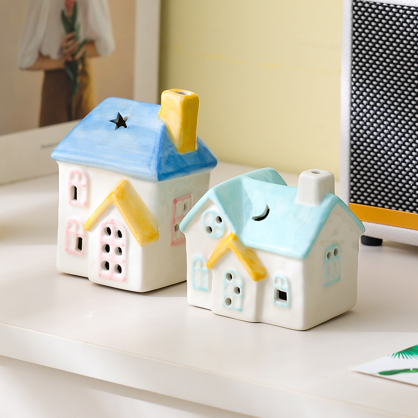 Nordic Style Glowing Ceramic House Small House Atmosphere Lamp Night Light Gift Healing Desktop Decoration Ornament