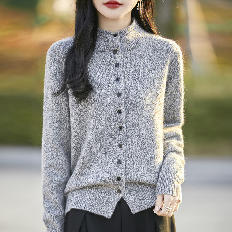 秋冬新款亲肤绒立领纯色花纱针织开衫外套加厚软糯毛衣女时尚外搭|undefined