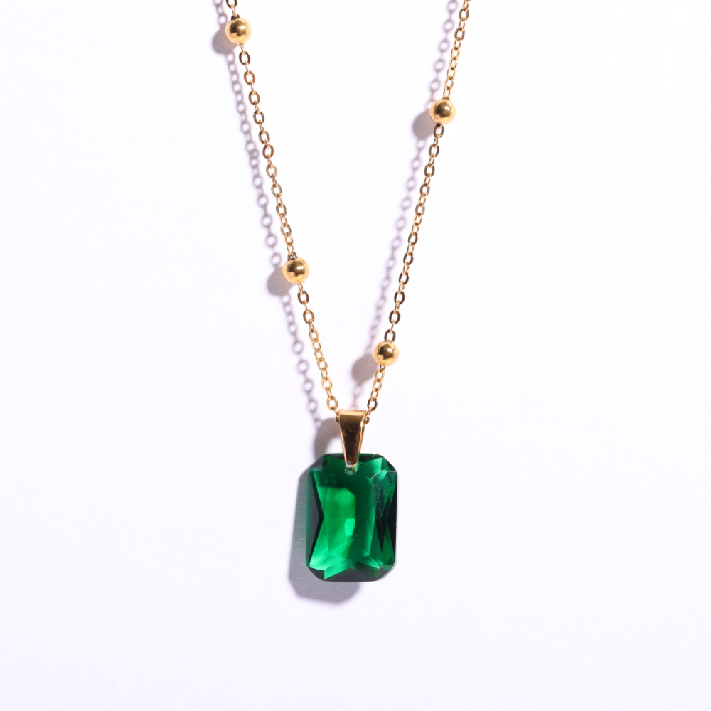 Fashion Retro Emerald Inlaid Zircon Pendant Natural Stone Stainless Steel Necklace_colorza_8
