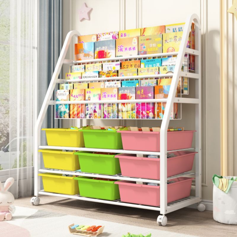 Estantería para niños Estante de almacenamiento de juguetes Estante de almacenamiento de clasificación multicapa móvil Estante de revista de hierro forjado multicapa de piso simple