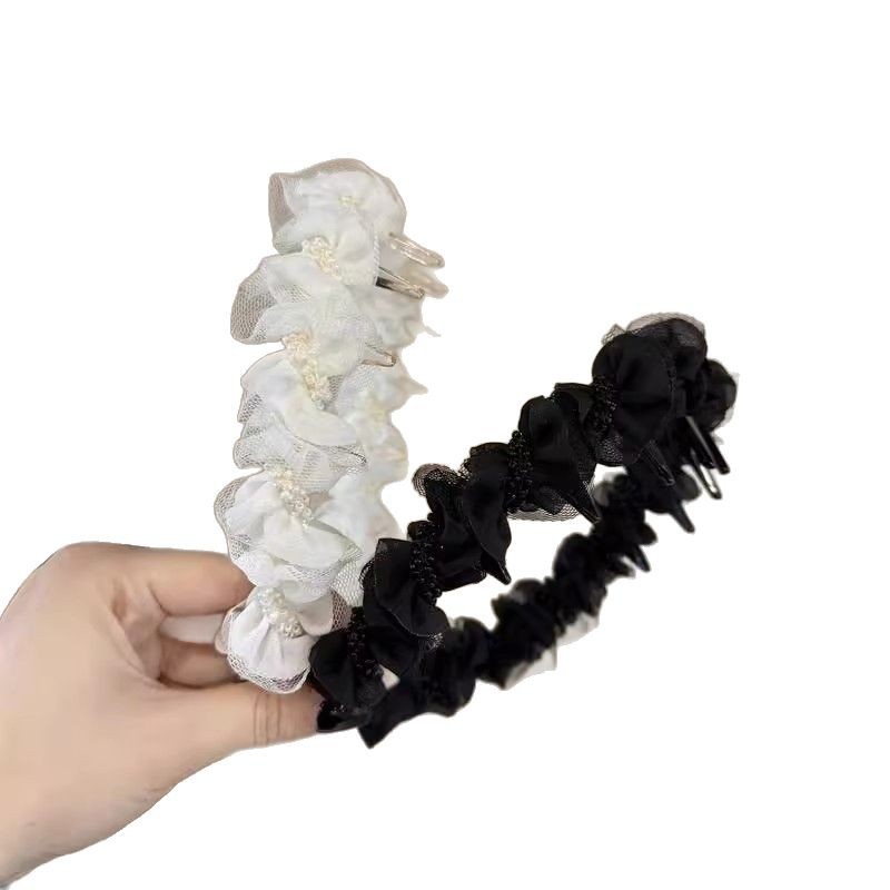 Dulce malla de perlas negras onduladas bandas de cabello para mujeres de alto nivel de sensación de cabello flojo raíz clip de cabello alto cráneo cara pequeña bandas de cabeza