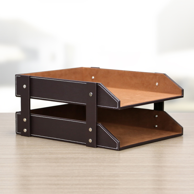 商务皮革双层文件资料架桌面2层文件杂物收纳商务办公家居用