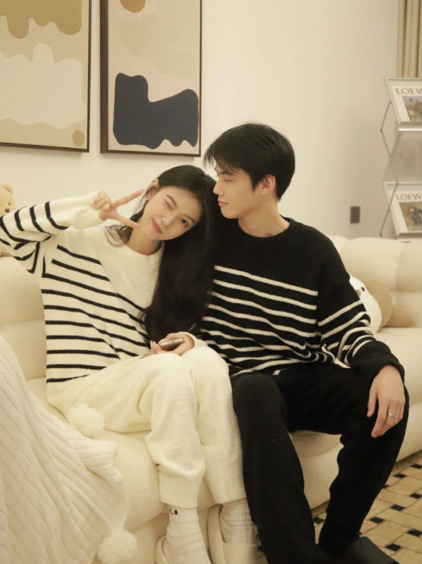 现货休闲条纹针织睡衣女冬季2025新款加厚高级情侣家居服套装潮|undefined
