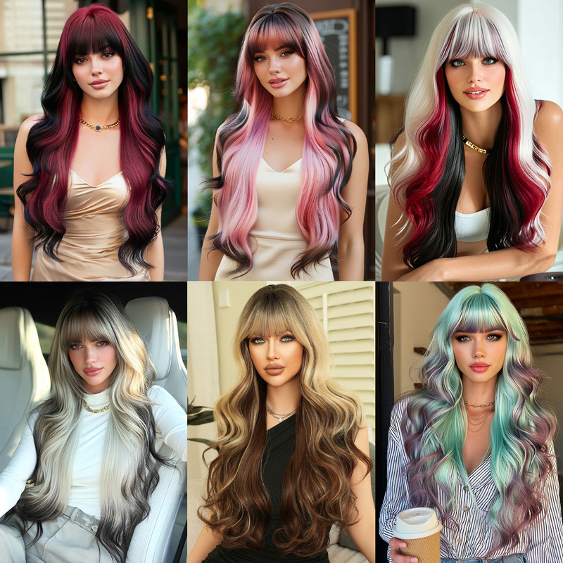 High-Quality 30-Inch Gradient Colorful Wavy Extra-Long Curly Hair with Bangs, Fluffy Synthetic Heat-Resistant Fiber Wig