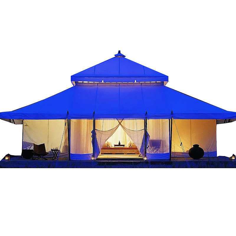 Hotel de tienda de campaña de pico único atractivo de ocio al aire libre techo de pendiente campamento de lujo hexágono fabricante a prueba de lluvia ligero