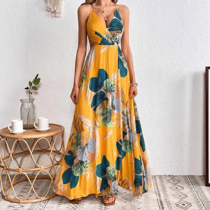 2026 Cross-Border Foreign Trade 1688 Best-Selling European and American Tropical Print Thigh-Slit Strap Dress