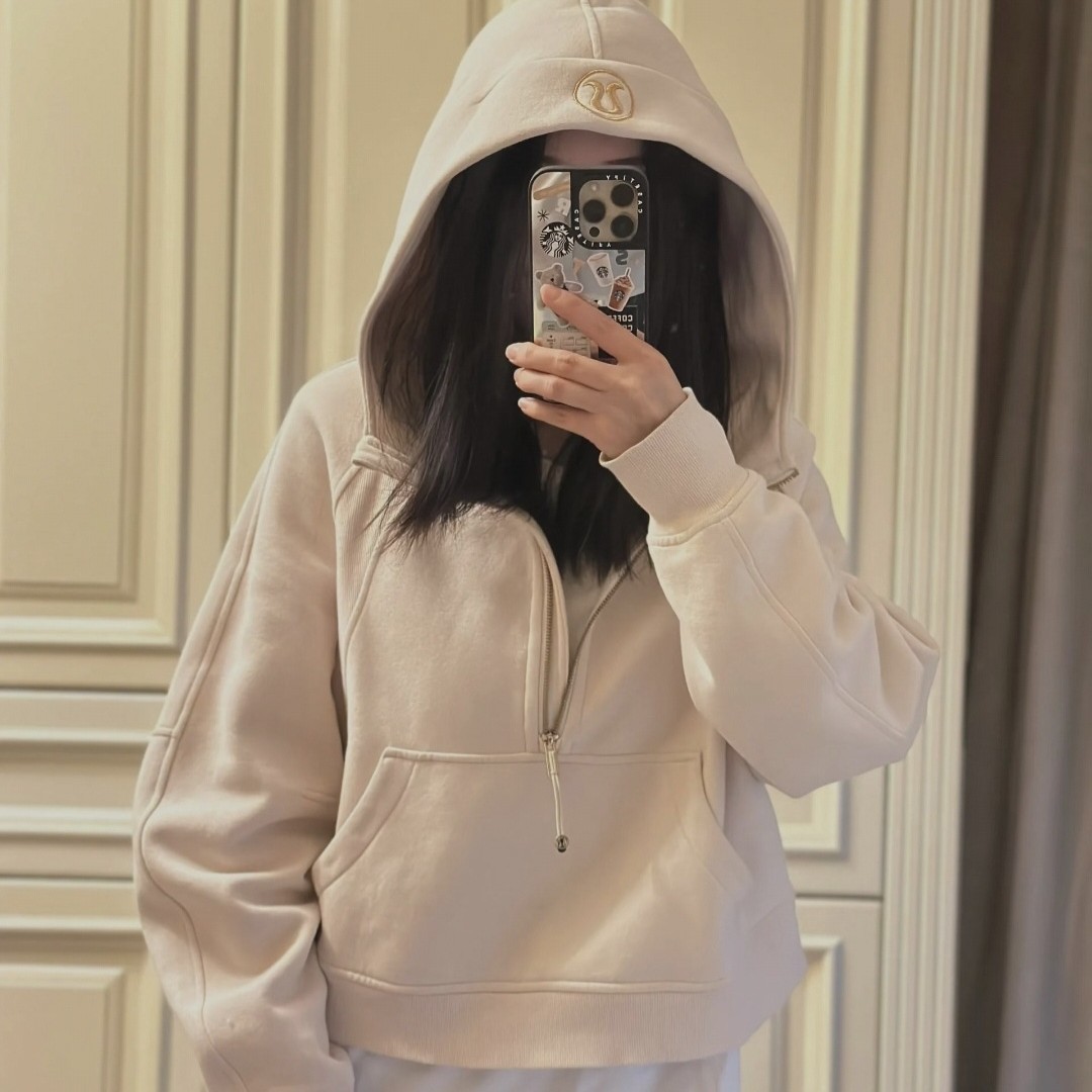 Cross-border LULU original label women's loose-fitting hooded sweatshirt with embroidery, half-zip top, loose-fitting jacket, fleece-lined yoga wear