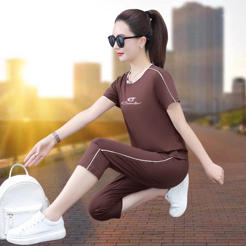 纯棉运动套装女夏季薄款2025新款休闲跑步健身服短袖七分裤两件套|undefined