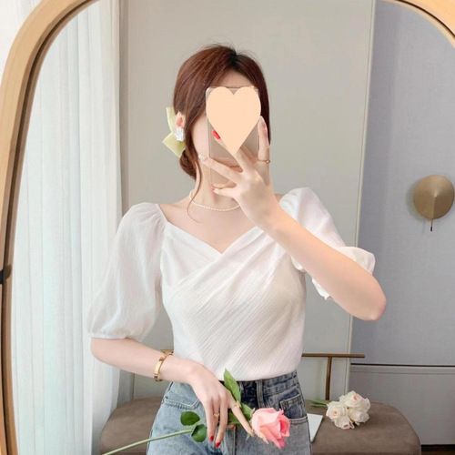 French-style puffed collar short-sleeve women's top 2025 summer design sense niche trendy chiffon blouse for women trendy