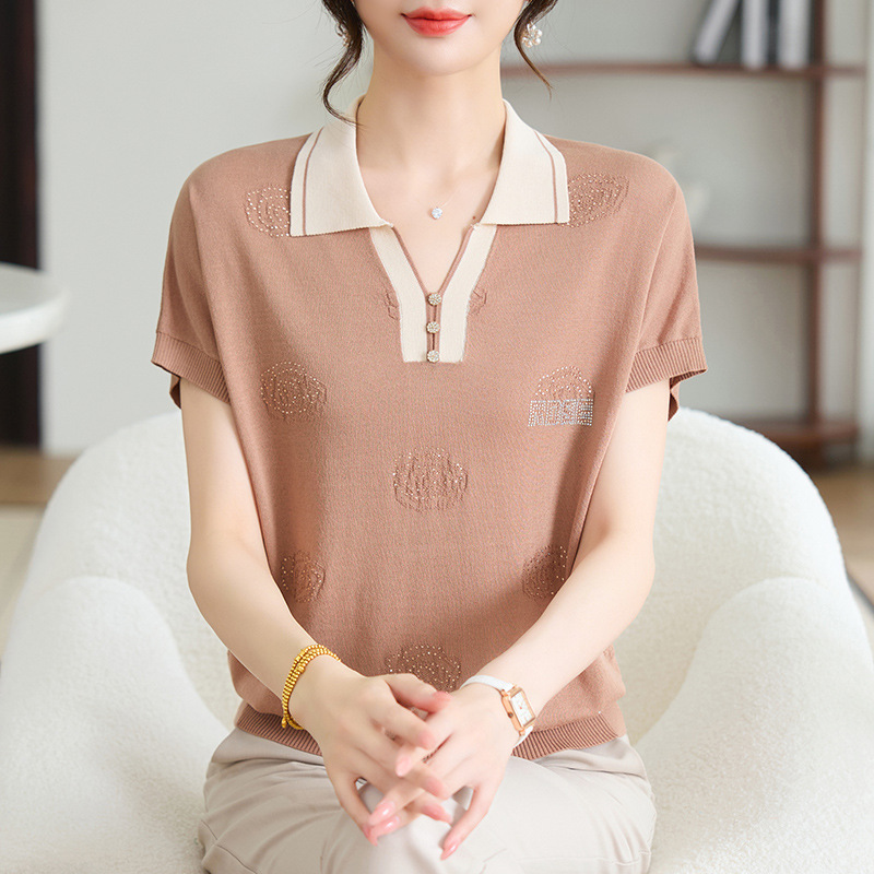 妈妈装翻领t恤衫夏季新款短袖上衣宽松刺绣百搭休闲冰丝女polo衫