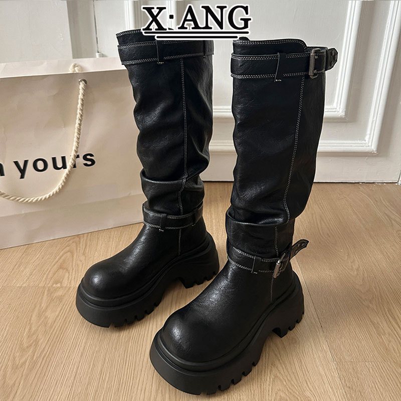 牛皮厚底增高小个子骑士靴女不过膝高筒靴长靴皮带扣堆堆靴牛仔靴|undefined