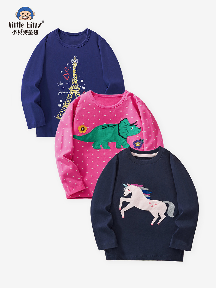 European and American Kidsren's Clothing 2025 Autumn and Winter Kidsren's Long-Sleeved T-Shirt 3-Piece Set Unicorn Printed Embroidered Knitted Round Neck Shirt