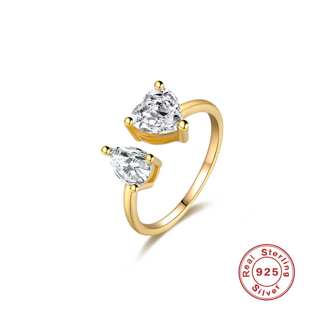 S925 gota de agua de plata esterlina combinación de doble corazón anillo abierto de circón ajustable venta caliente en Europa y América anillo ajustable exagerado