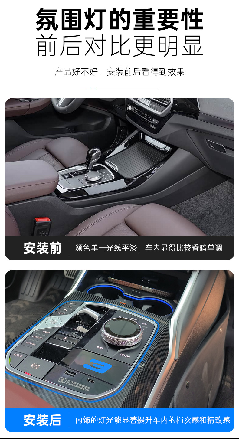Suitable for Bmw 3 Series, 4 Series, I3, I4, 3 Series Gear Panel Illuminated Lettering, Saddle Atmosphere Light, Fast Charging Expansion Dock