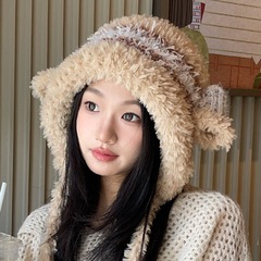 秋冬の色のかわいい羊の耳の毛の帽子の女性のストライプは顔の小さいニットの帽子を現して保温して耳の雷鋒の帽子を保護します。
